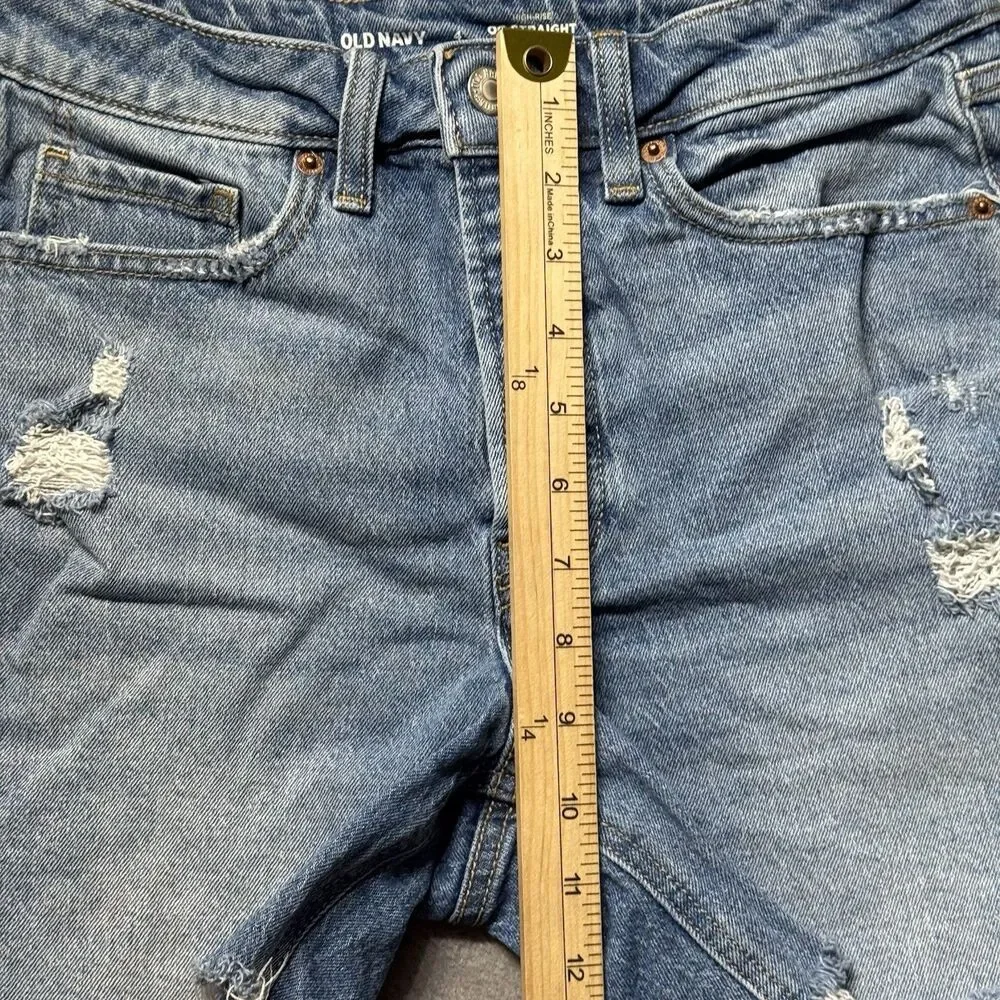 Old Navy Womens 4 Shorts Blue High Rise OG Straight Distressed Fringe Hem Denim